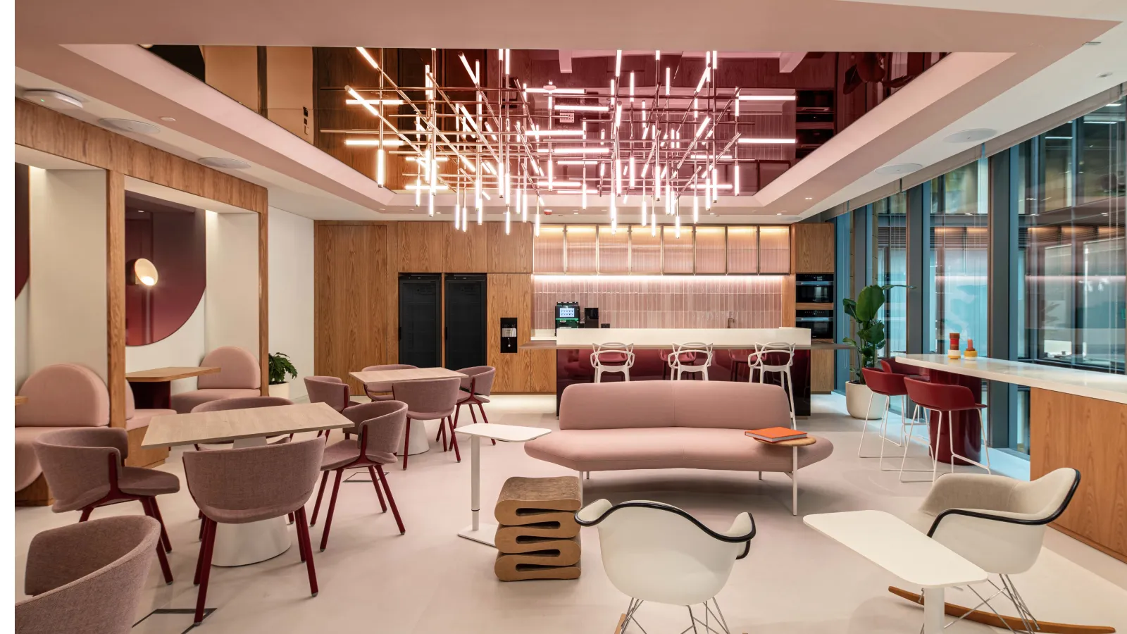 Geometric chandelier in pink room.