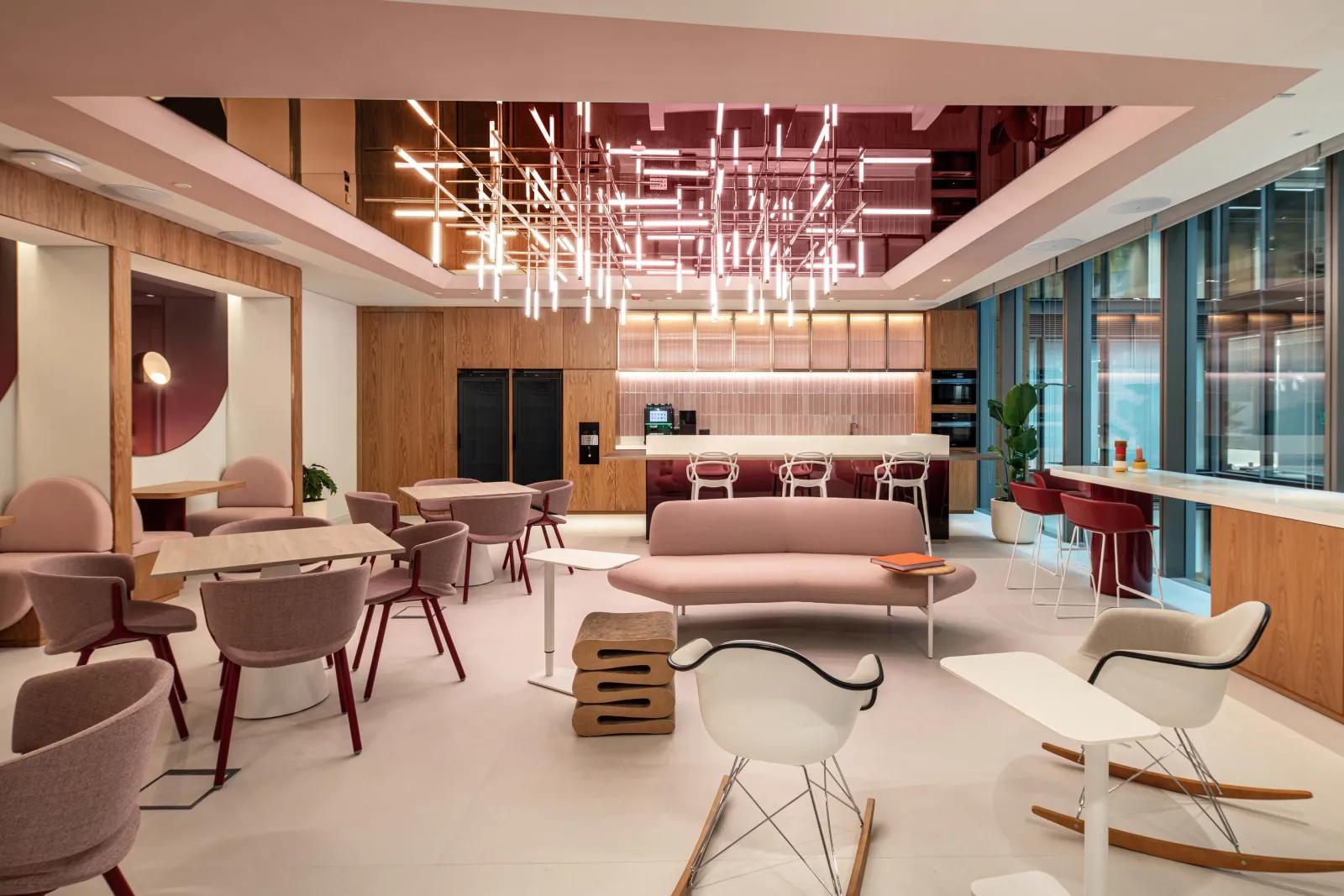 Geometric chandelier in common area office