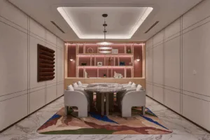 Office with pink bento shelves and joinery lighting
